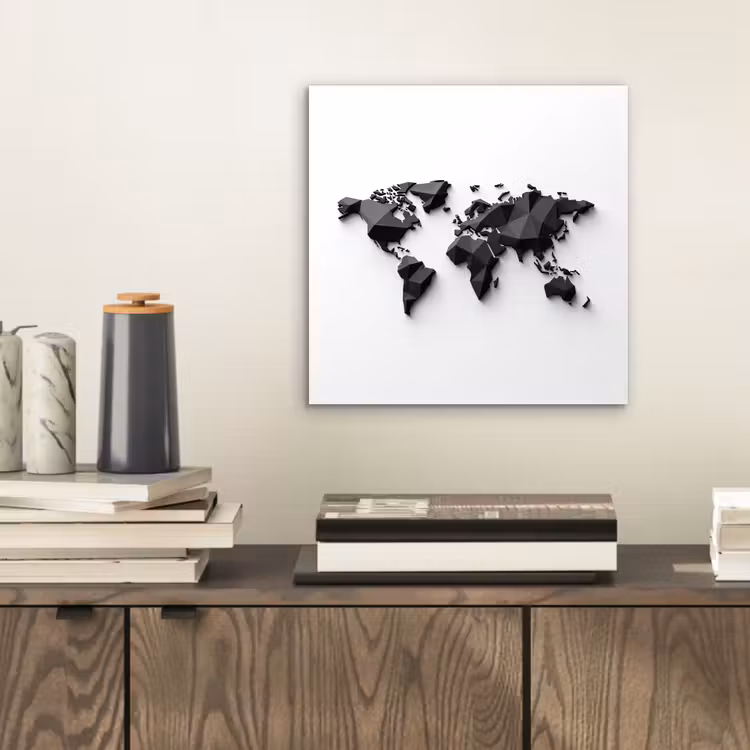 Wereldkaart - 3D - Zwart aluminium wit klein -sfeer1
