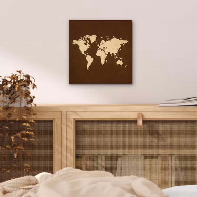 Wereldkaart - Antiek - Bruin aluminium wit klein -sfeer3