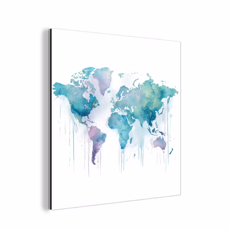 Wereldkaart - Waterverf - Blauw - Druppels aluminium wit klein -3d