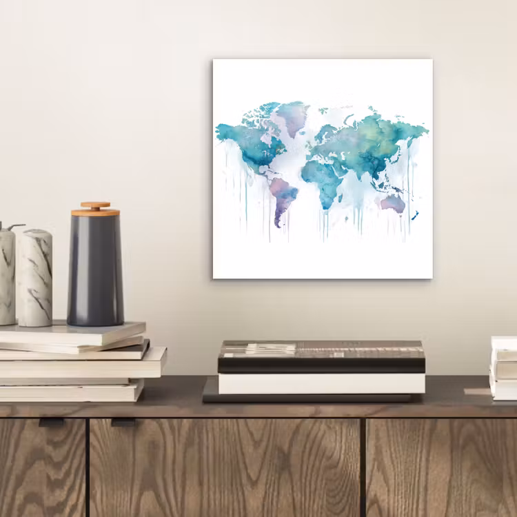 Wereldkaart - Waterverf - Blauw - Druppels aluminium wit klein -sfeer1