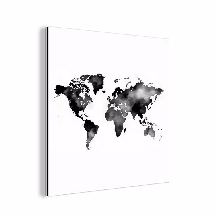 Wereldkaart - Aquarel - Zwart aluminium wit klein -3d