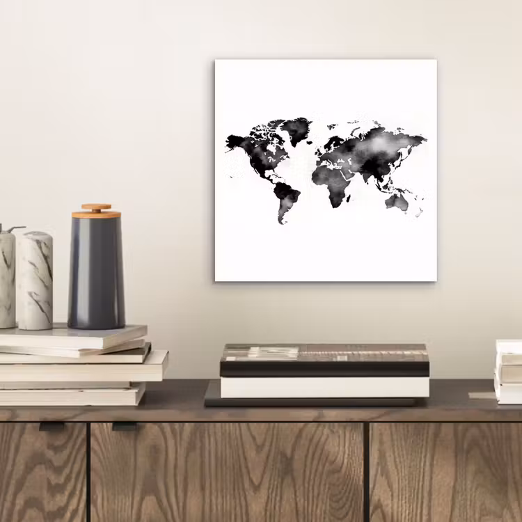 Wereldkaart - Aquarel - Zwart aluminium wit klein -sfeer1
