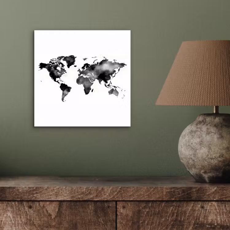Wereldkaart - Aquarel - Zwart aluminium wit klein -sfeer2