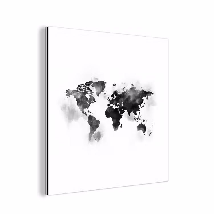 Wereldkaart - Waterverf - Zwart - Wit aluminium wit klein -3d