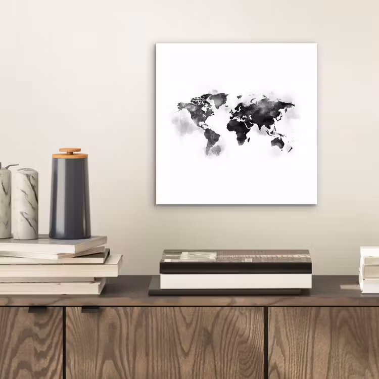 Wereldkaart - Waterverf - Zwart - Wit aluminium wit klein -sfeer1