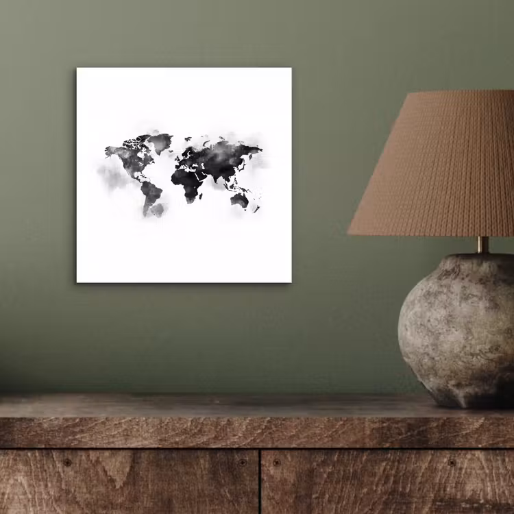 Wereldkaart - Waterverf - Zwart - Wit aluminium wit klein -sfeer2