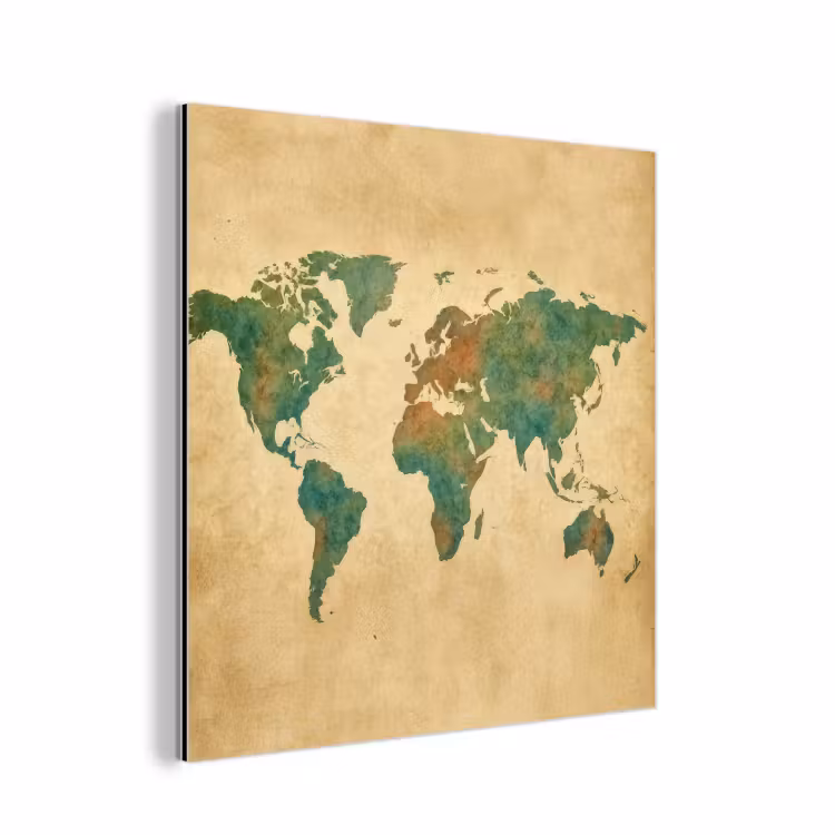 Wereldkaart - Aquarelstijl - Oud papier aluminium wit klein -3d