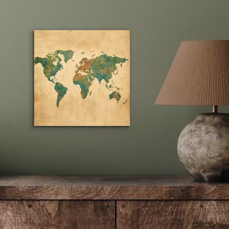 Wereldkaart - Aquarelstijl - Oud papier aluminium wit klein -sfeer2