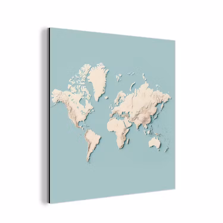 Wereldkaart - Beige - Blauw aluminium wit klein -3d