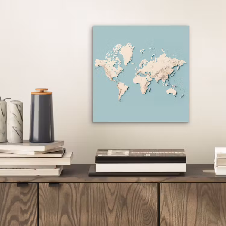 Wereldkaart - Beige - Blauw aluminium wit klein -sfeer1