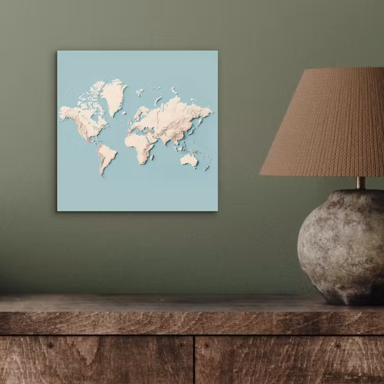 Wereldkaart - Beige - Blauw aluminium wit klein -sfeer2