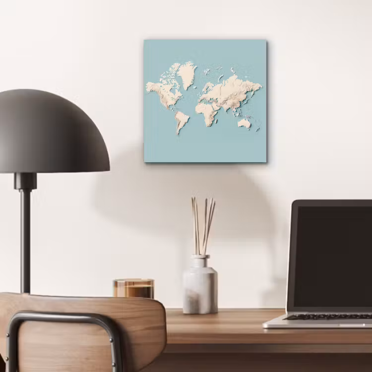 Wereldkaart - Beige - Blauw aluminium wit klein -sfeer5
