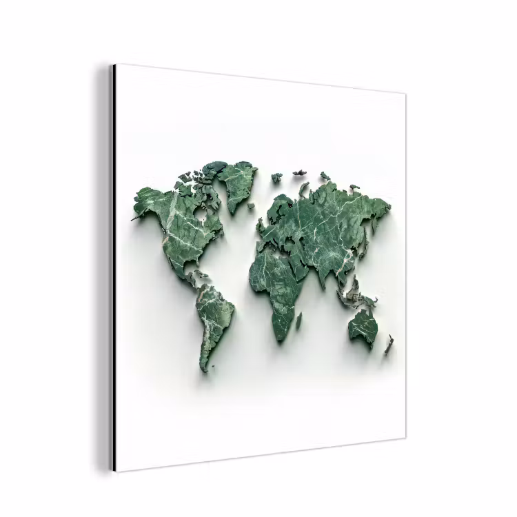 Wereldkaart - Bladeren - 3D aluminium wit klein -3d