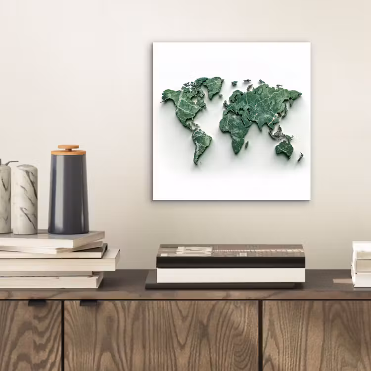Wereldkaart - Bladeren - 3D aluminium wit klein -sfeer1