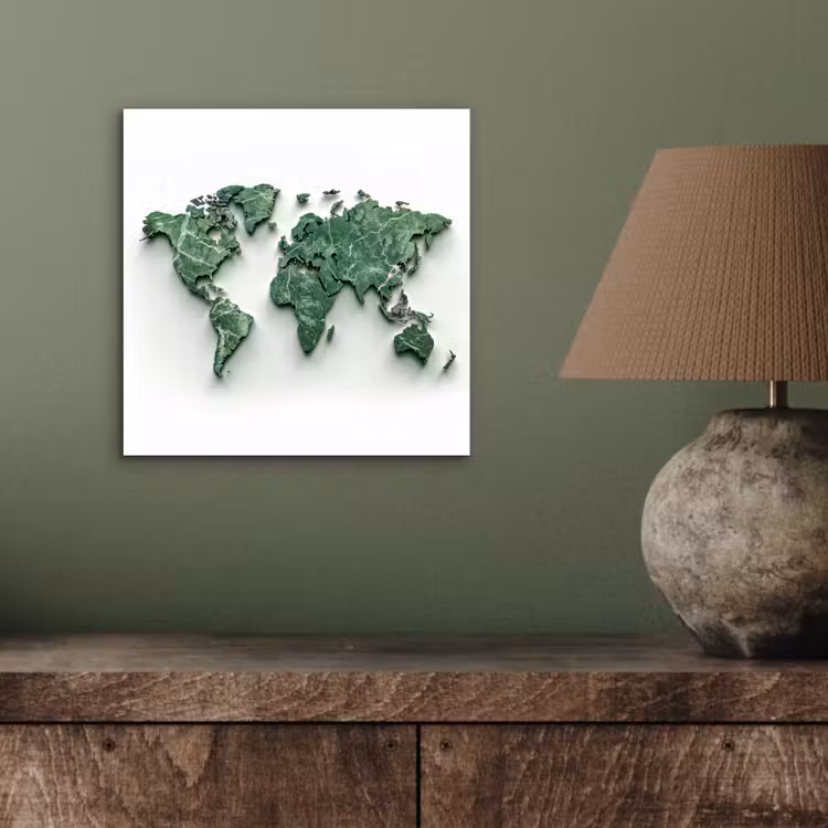 Wereldkaart - Bladeren - 3D aluminium wit klein -sfeer2