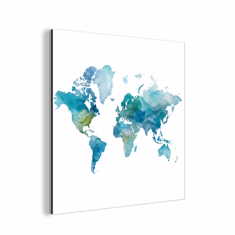 Wereldkaart - Blauw - Geschilderd - Transparant aluminium wit klein -3d