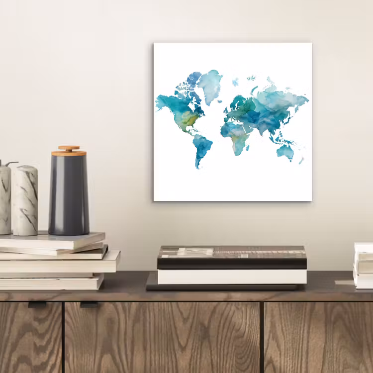 Wereldkaart - Blauw - Geschilderd - Transparant aluminium wit klein -sfeer1