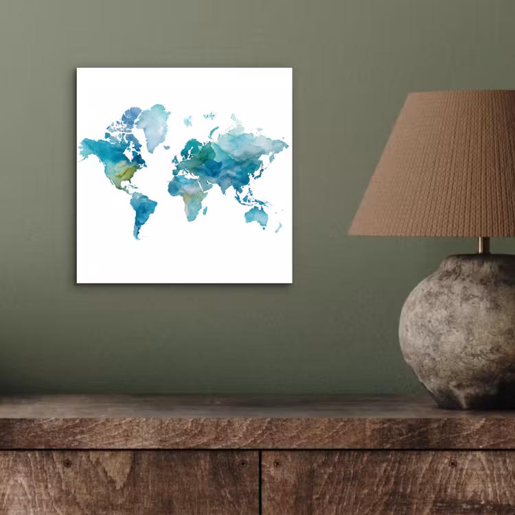 Wereldkaart - Blauw - Geschilderd - Transparant aluminium wit klein -sfeer2