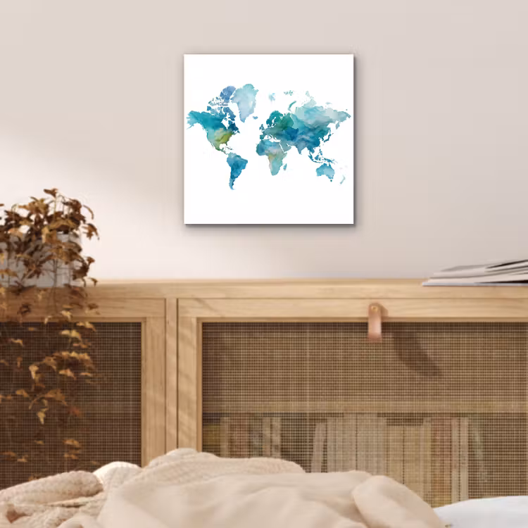 Wereldkaart - Blauw - Geschilderd - Transparant aluminium wit klein -sfeer3
