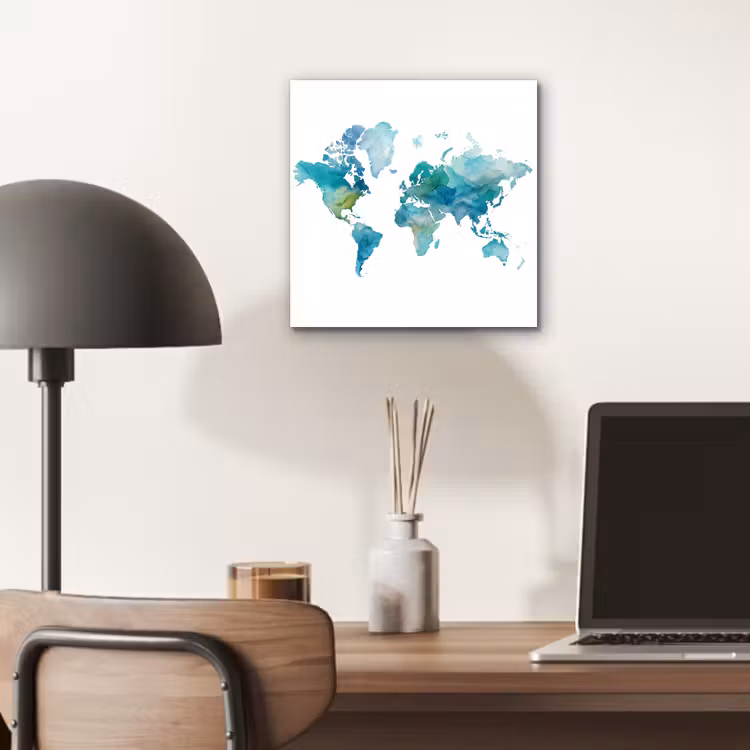 Wereldkaart - Blauw - Geschilderd - Transparant aluminium wit klein -sfeer5