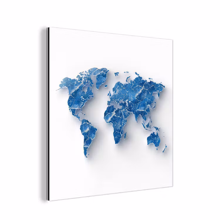 Wereldkaart - Blauwe stedenstructuur aluminium wit klein -3d