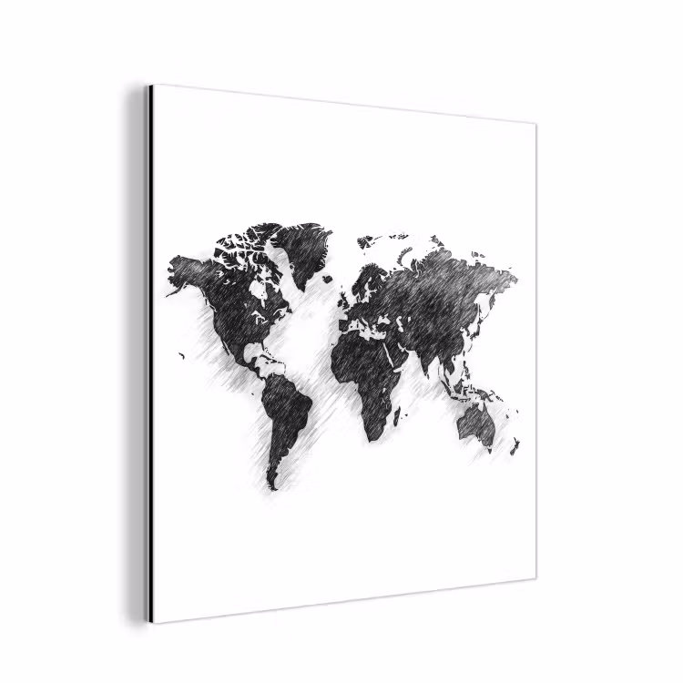 Wereldkaart - Potloodstrepen aluminium wit klein -3d