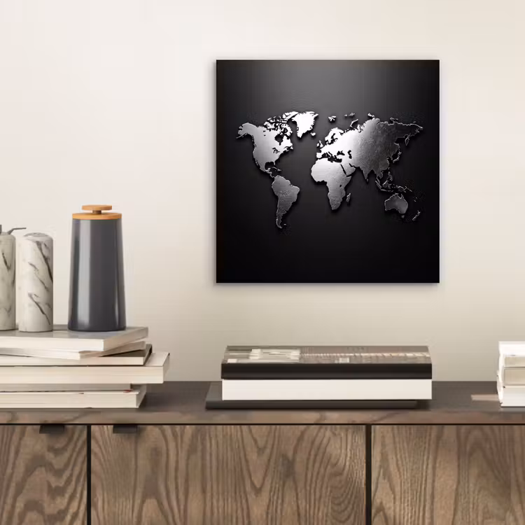 Wereldkaart - Chrome - Zilver - Zwart aluminium wit klein -sfeer1