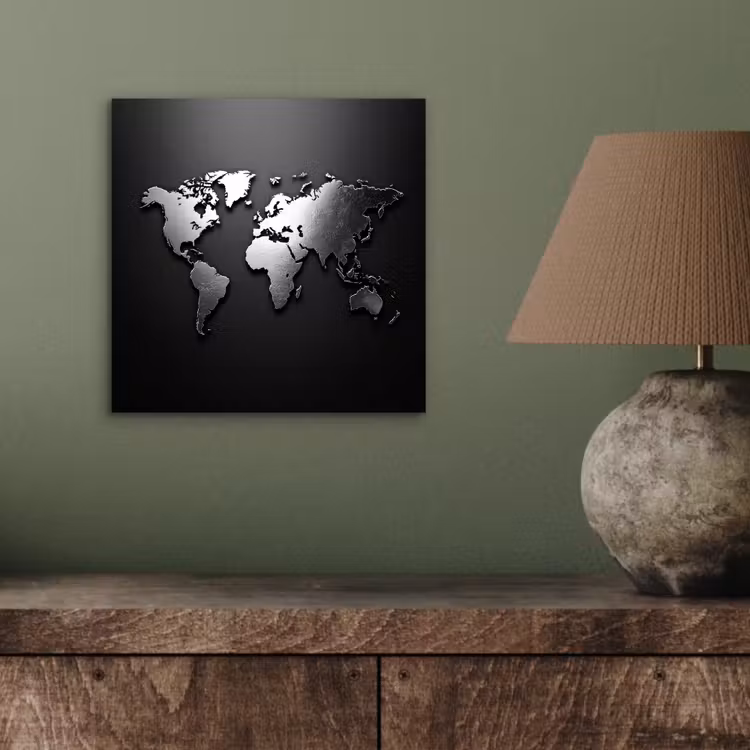Wereldkaart - Chrome - Zilver - Zwart aluminium wit klein -sfeer2