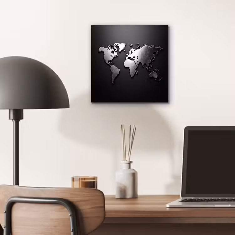 Wereldkaart - Chrome - Zilver - Zwart aluminium wit klein -sfeer5