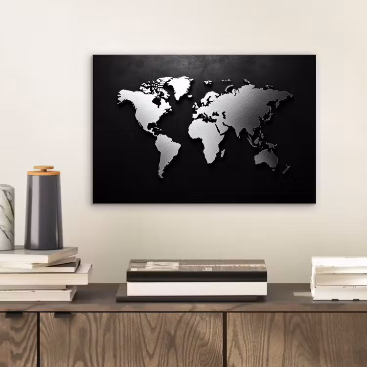 Wereldkaart - Donker - Zilver - Zwart aluminium wit klein -sfeer1
