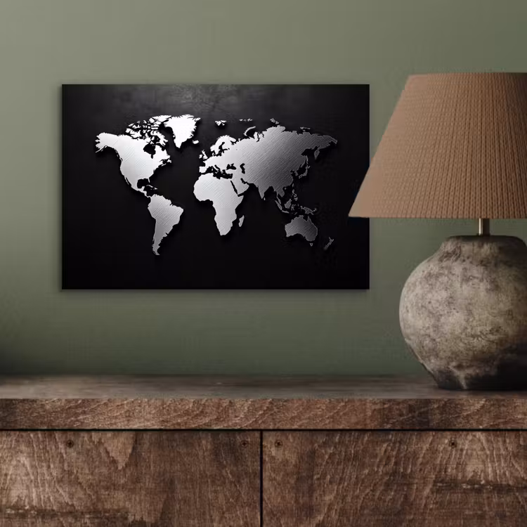 Wereldkaart - Donker - Zilver - Zwart aluminium wit klein -sfeer2