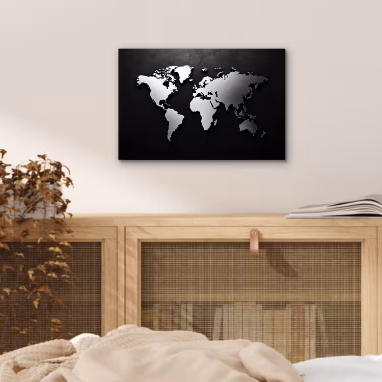 Wereldkaart - Donker - Zilver - Zwart aluminium wit klein -sfeer3