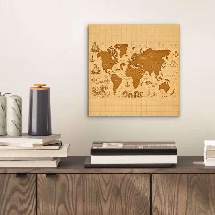 Wereldkaart - Fantasiestijl - Bruin aluminium wit klein -sfeer1