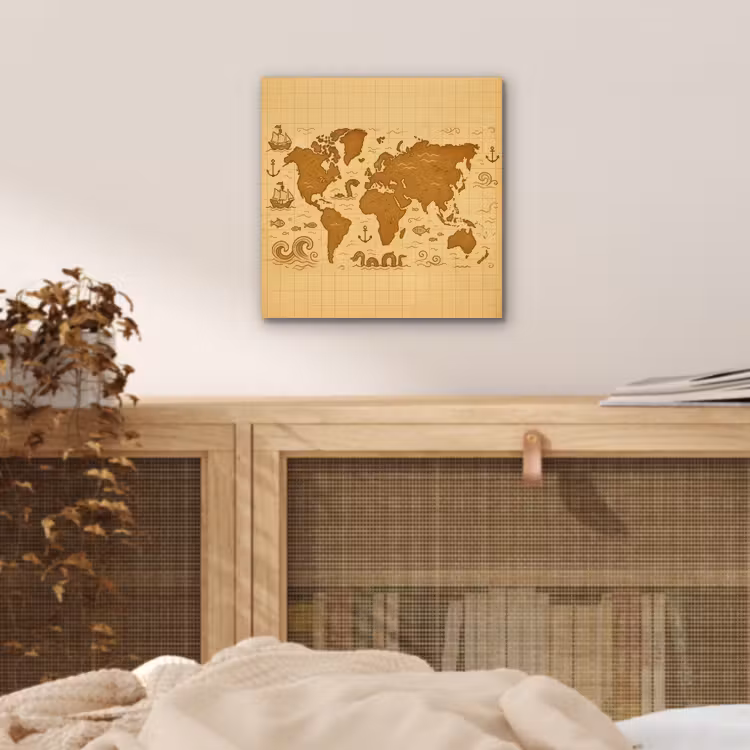 Wereldkaart - Fantasiestijl - Bruin aluminium wit klein -sfeer3