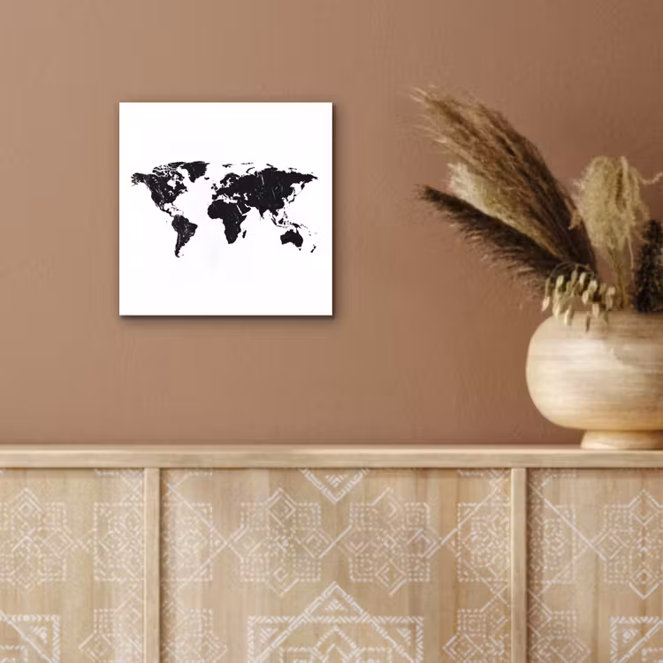 Wereldkaart - Verf - Zwart - Wit aluminium wit klein -sfeer4