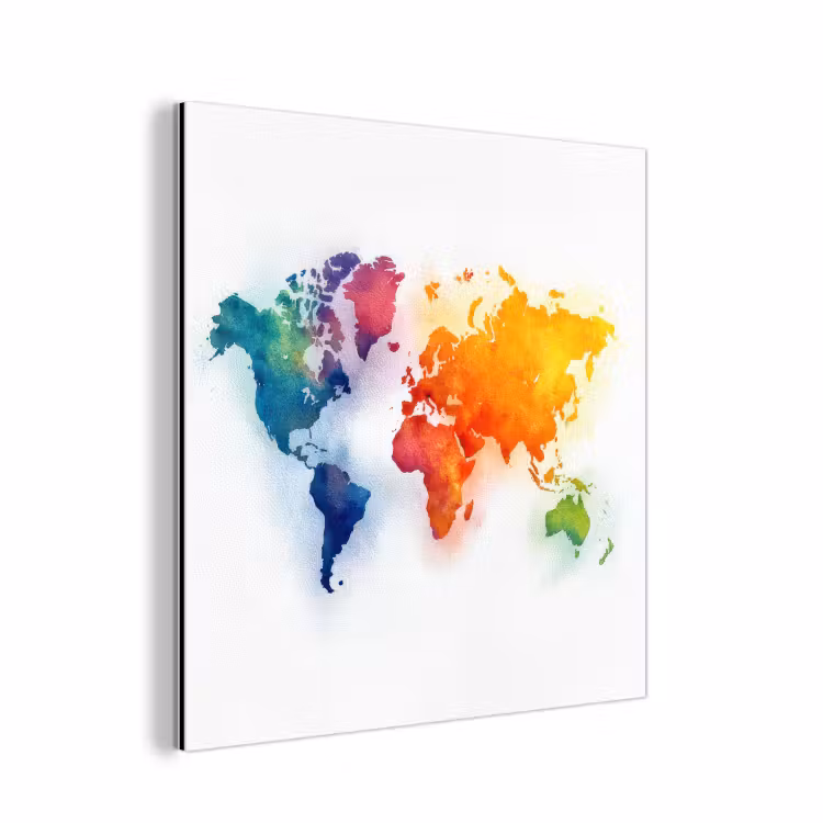 Wereldkaart - Kleurrijk - Waterverf aluminium wit klein -3d