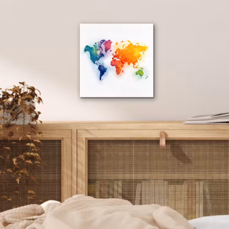 Wereldkaart - Kleurrijk - Waterverf aluminium wit klein -sfeer3