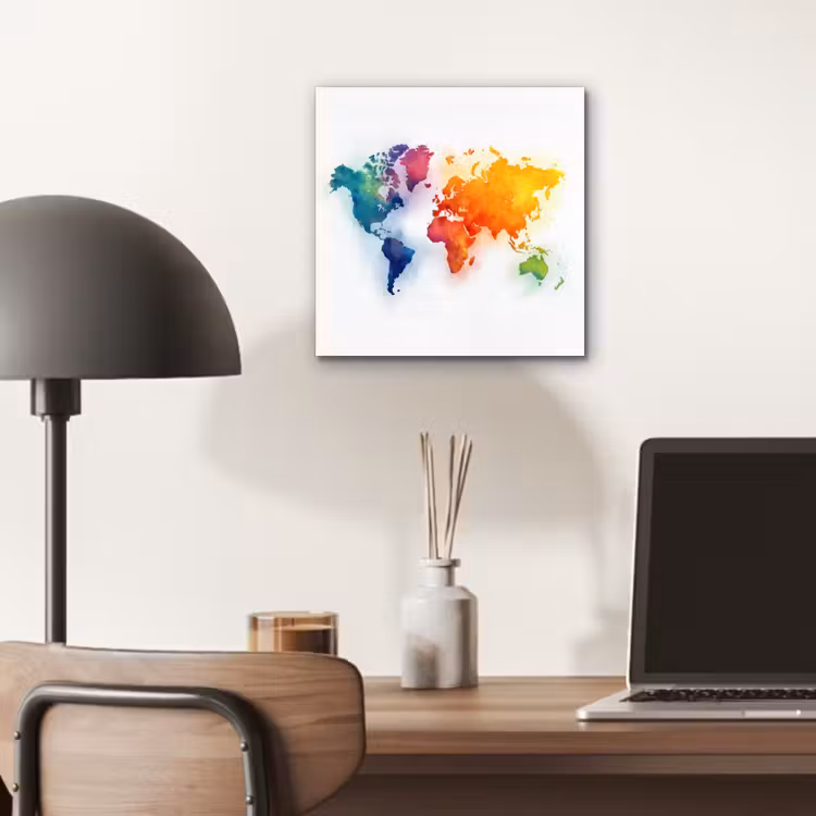 Wereldkaart - Kleurrijk - Waterverf aluminium wit klein -sfeer5