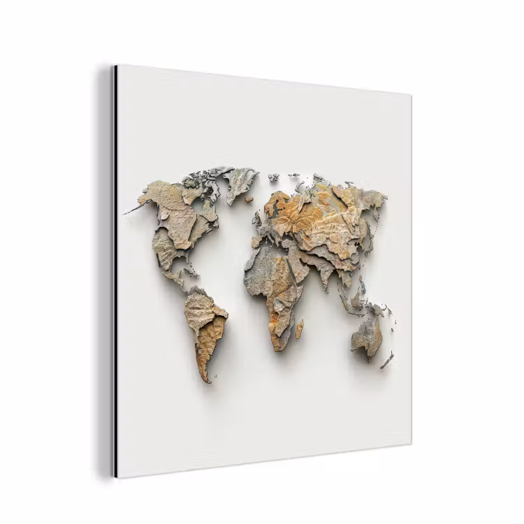Wereldkaart - Rots structuur - Reliëf aluminium wit klein -3d