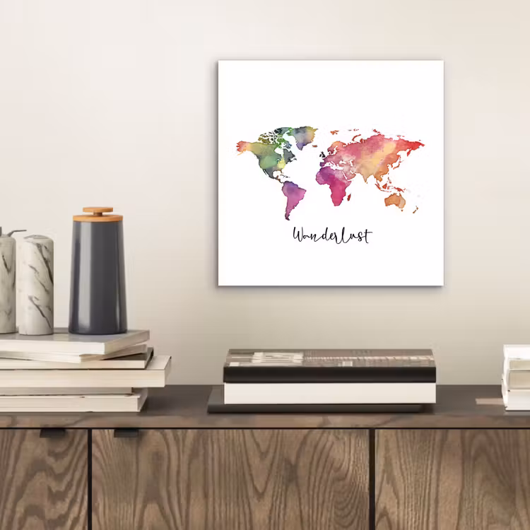 Wereldkaart - Wanderlust - Paars aluminium wit klein -sfeer1