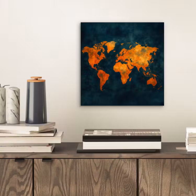Wereldkaart - Vurige kleuren - Expressieve stijl aluminium wit klein -sfeer1
