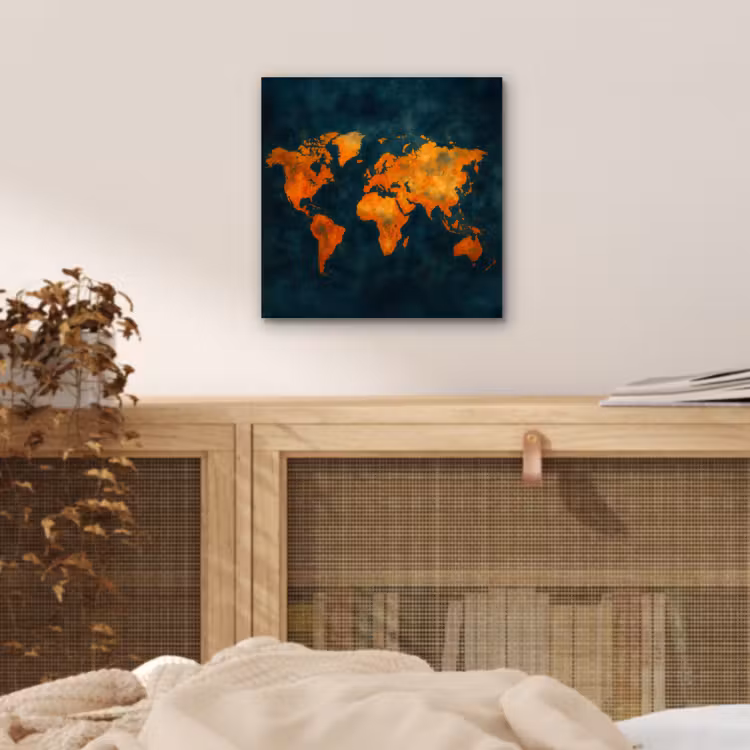 Wereldkaart - Vurige kleuren - Expressieve stijl aluminium wit klein -sfeer3