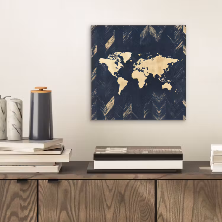 Wereldkaart - Visgraatpatroon - Vintage - Blauw aluminium wit klein -sfeer1