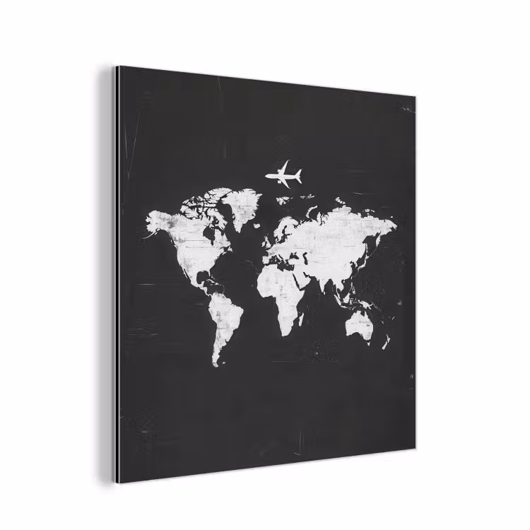 Wereldkaart - Vliegtuig - Zwart - Vintage aluminium wit klein -3d