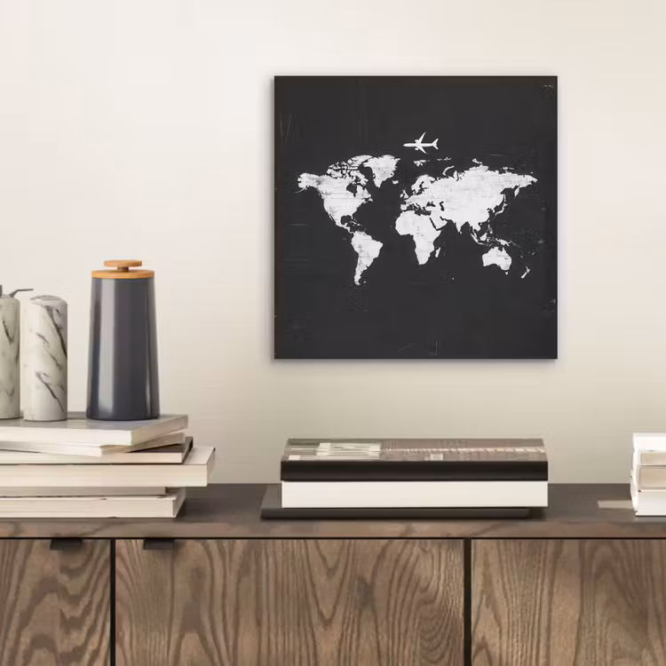 Wereldkaart - Vliegtuig - Zwart - Vintage aluminium wit klein -sfeer1