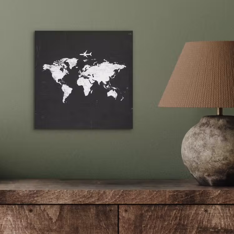 Wereldkaart - Vliegtuig - Zwart - Vintage aluminium wit klein -sfeer2