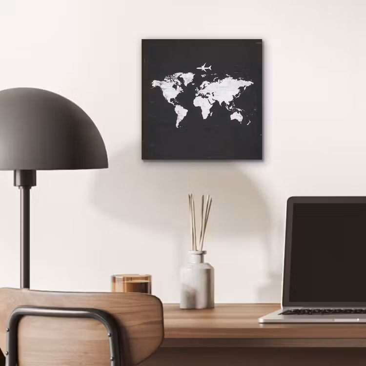 Wereldkaart - Vliegtuig - Zwart - Vintage aluminium wit klein -sfeer5