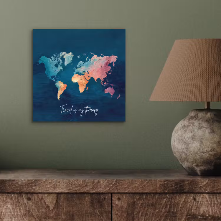 Wereldkaart - Geschilderd - Blauw - Travel aluminium wit klein -sfeer2