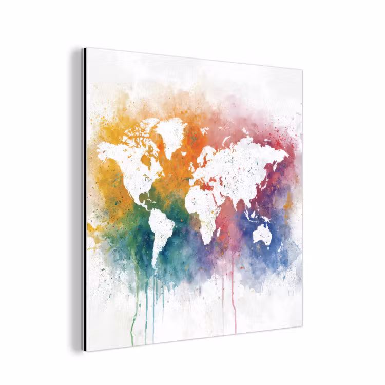 Wereldkaart - Omlijst - Verfspatten - Regenboogkleuren aluminium wit klein -3d