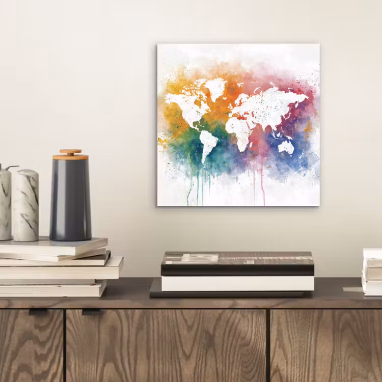 Wereldkaart - Omlijst - Verfspatten - Regenboogkleuren aluminium wit klein -sfeer1